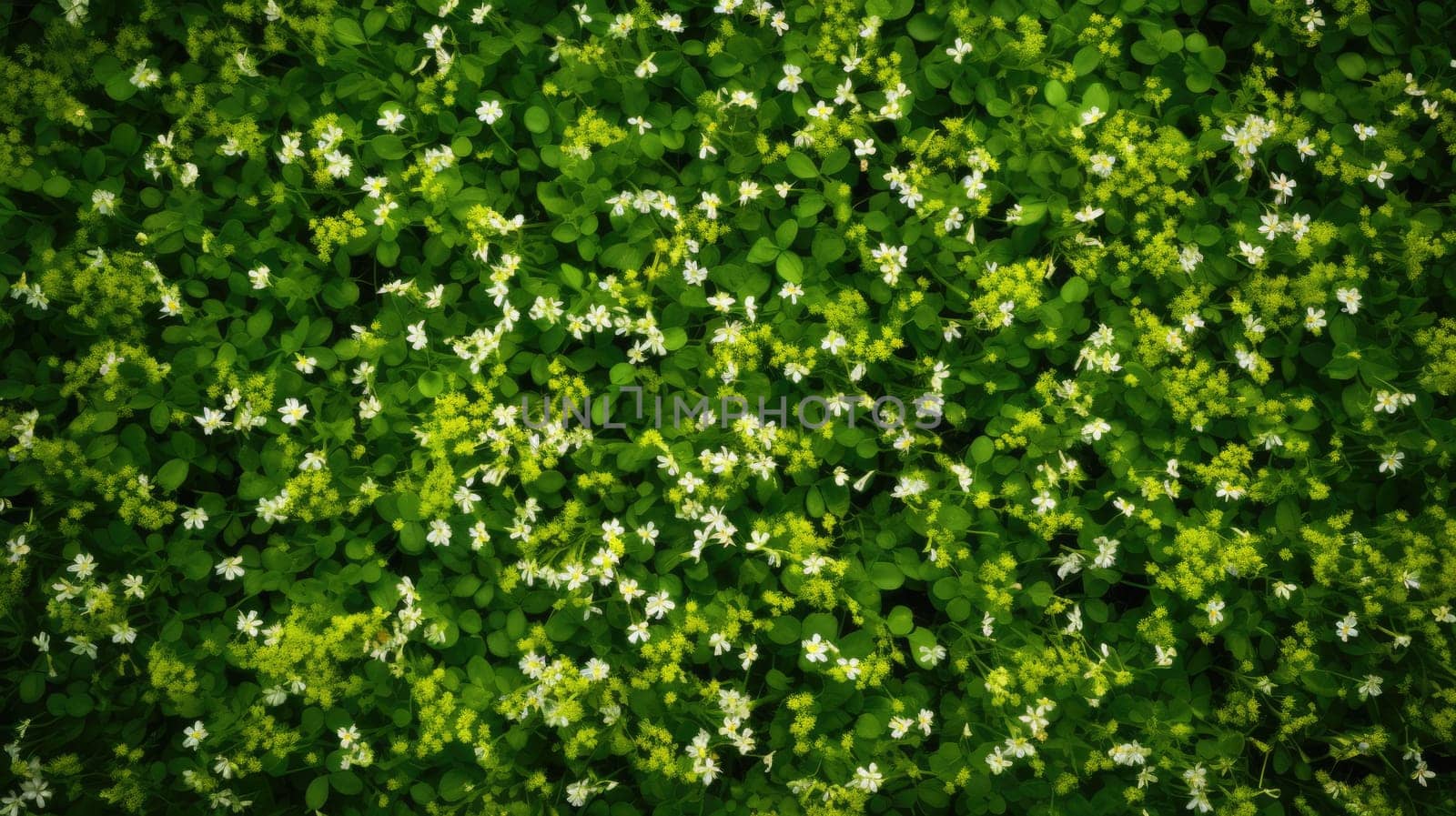 Soft green carpet of young grass interspersed with the first flowers. View from above AI