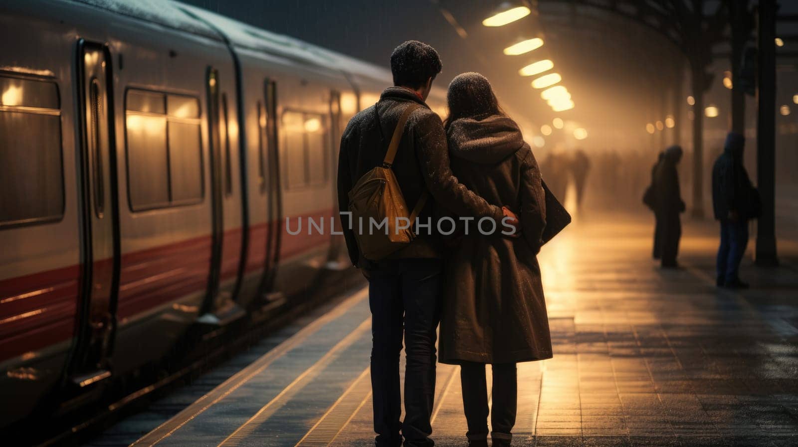 Loving couple saying goodbye on the platform before a long separation AI