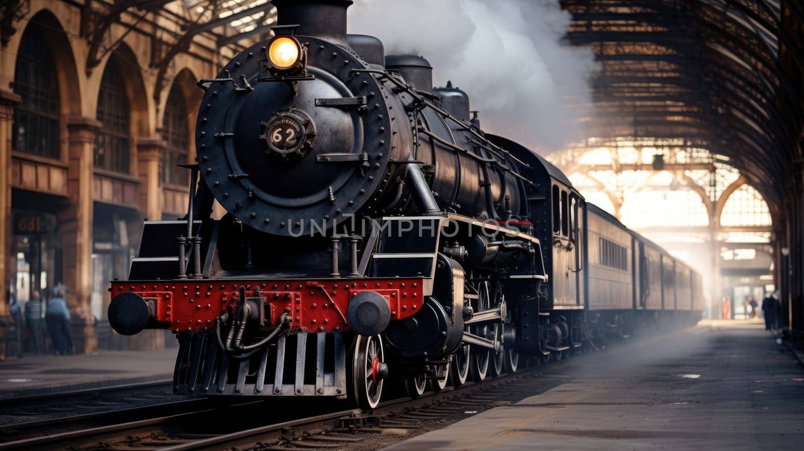 An old steam locomotive at the station, ready to depart AI