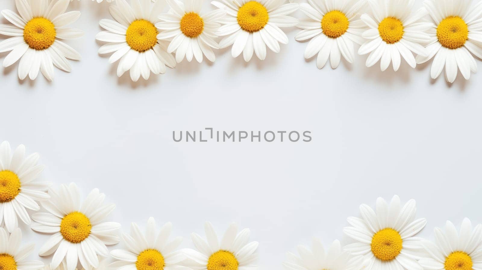 White background with chamomile frame and copy space. Flat layer, top view. AI