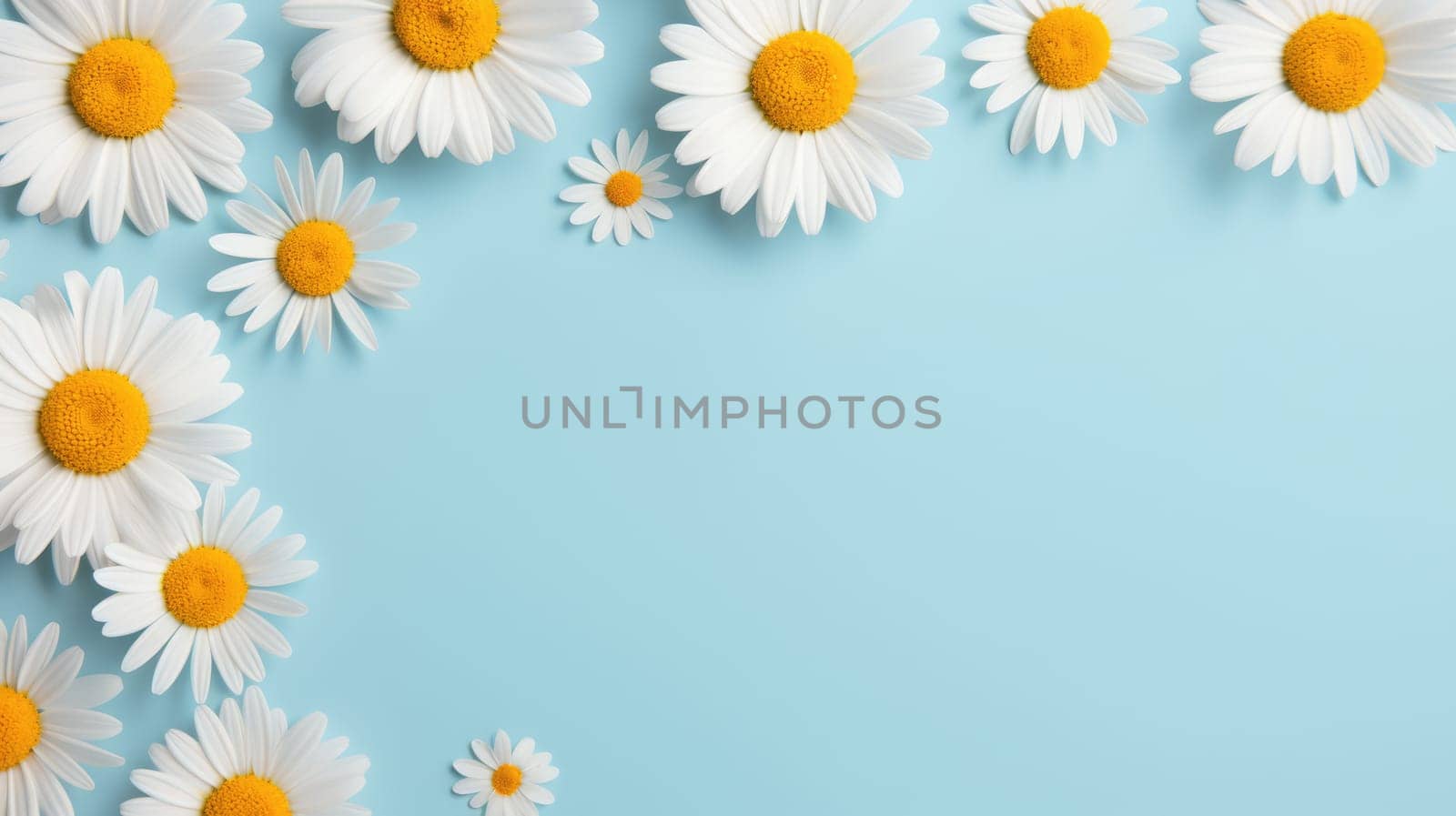 Blue background with chamomile frame and copy space. Flat layer, top view. AI
