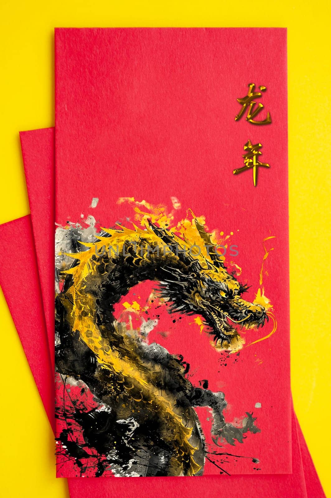 Top view of Chinese New Year red packet with golden dragon. Chinese New Year concept