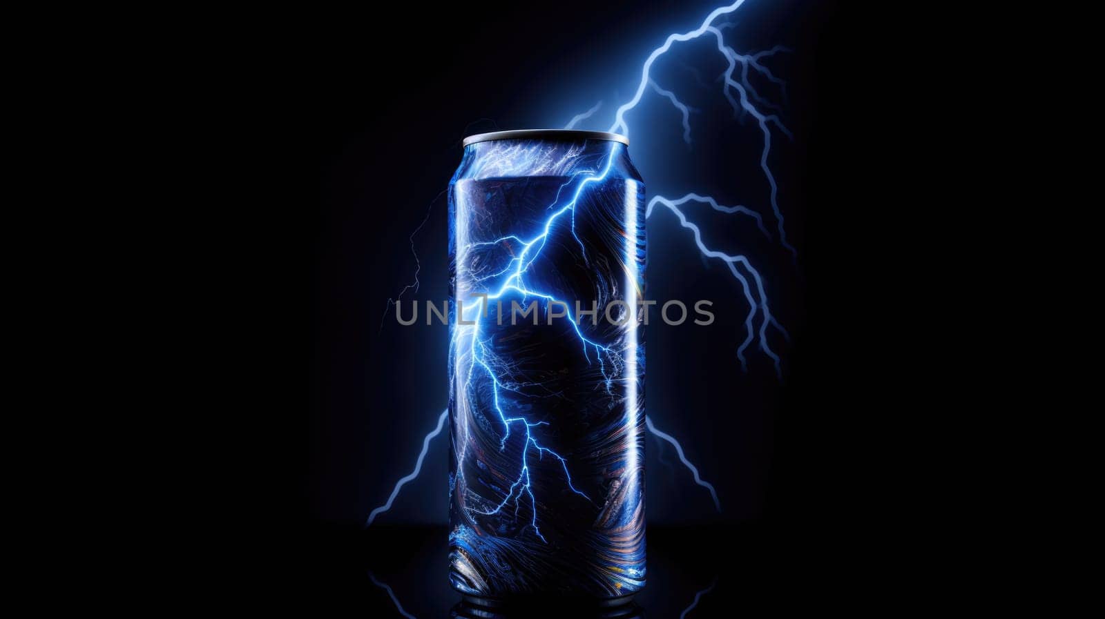Energy drink can bottle, lightning on the background, black background AI