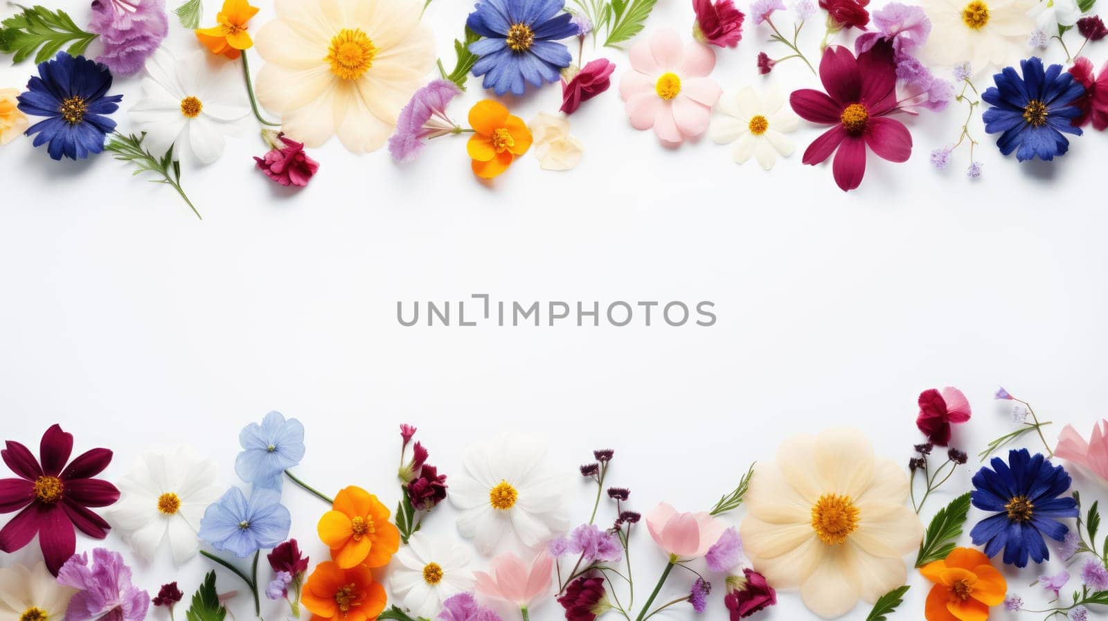 Flowers frame on white background top view. Flat layer, top view. Spring or summer concept AI