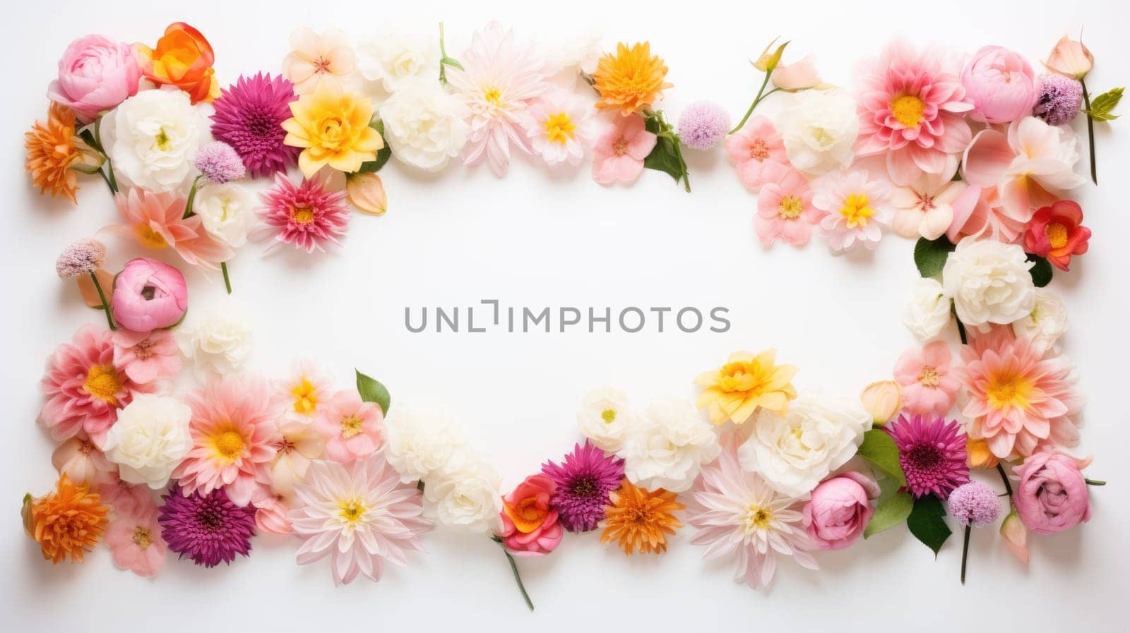 Flowers frame on white background top view. Flat layer, top view. Spring or summer concept AI