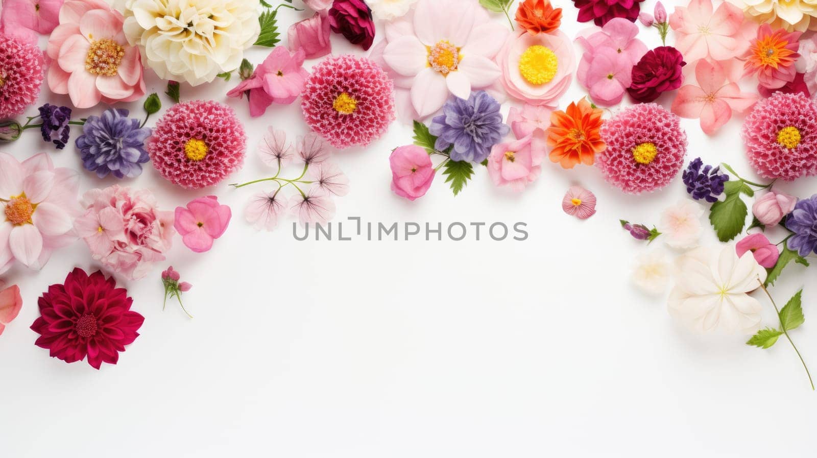Flowers arch from above frame on white background top view. Flat layer, top view. Spring or summer concept AI