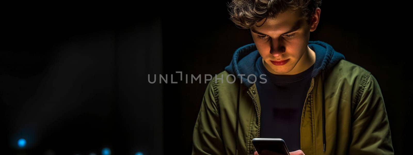 young man is engrossed in his smartphone, the screen's glow illuminating his face in a dark environment, creating a focused and intimate atmosphere, banner with copy space