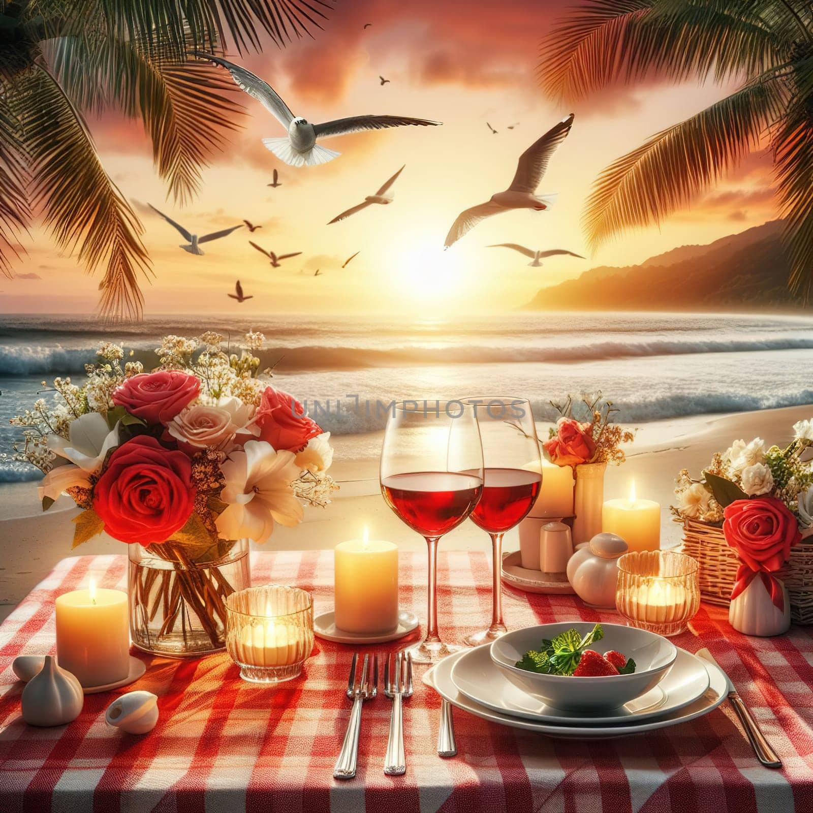 Table for two for a romantic dinner. Generative AI. High quality photo