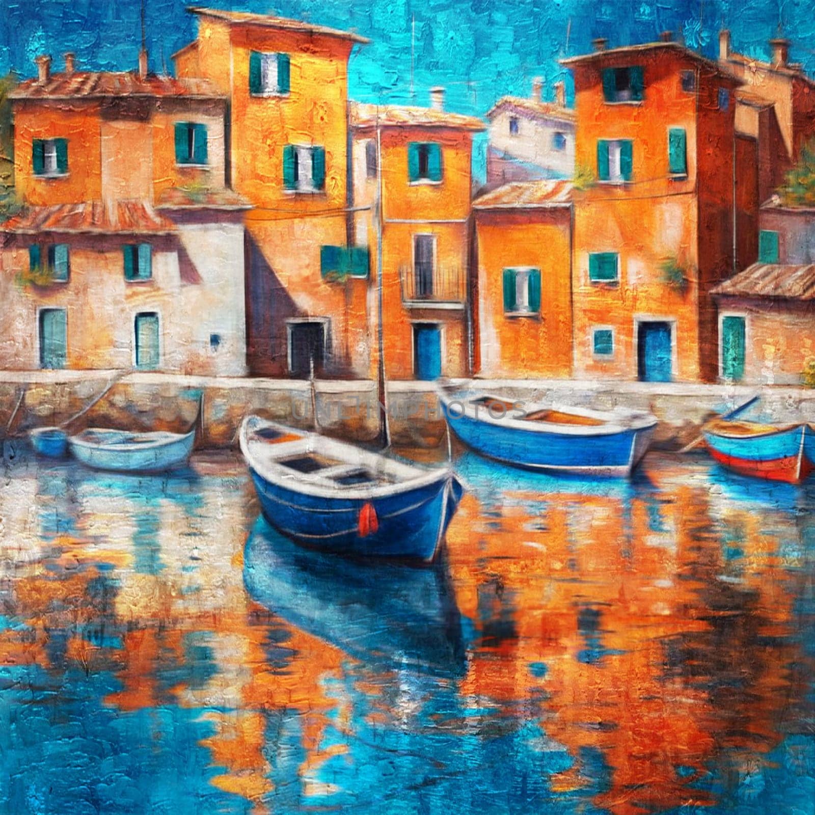 AI generated oil painting depicting a mediterraneam fishing village.