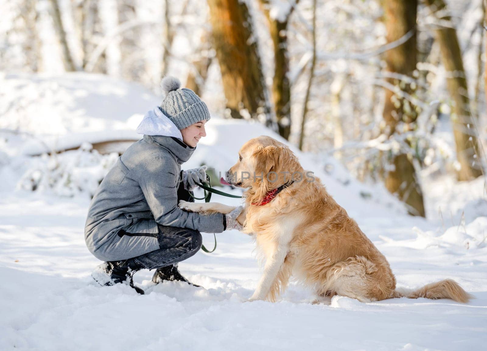 Teenage Girl With Golden Retriever Gives Paw In Snowy Forest, Sitting With Dog