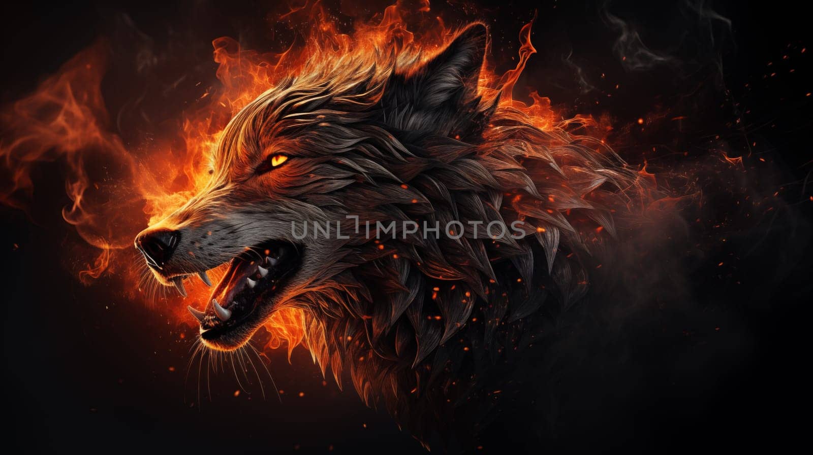 Head of an evil burning wolf, with open mouth, on fire, on black background by Zakharova