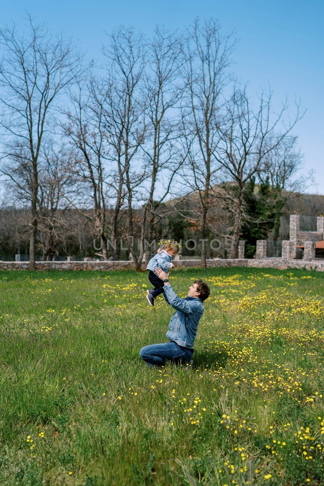Dad throws up a little girl in his arms while sitting on his knees on a flowering glade. High quality photo