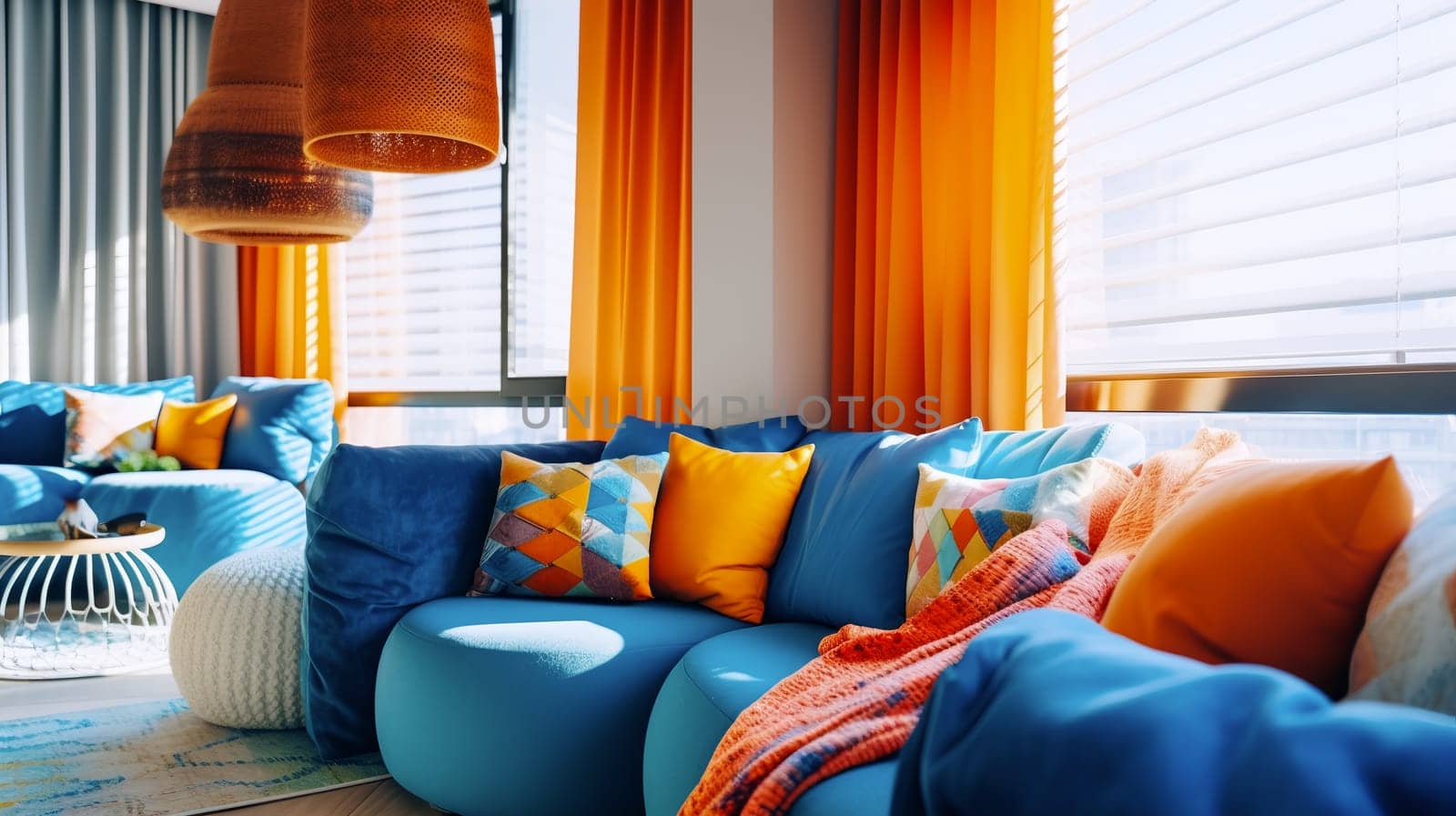 vibrant interior design with colored sofa and cushions - generative AI