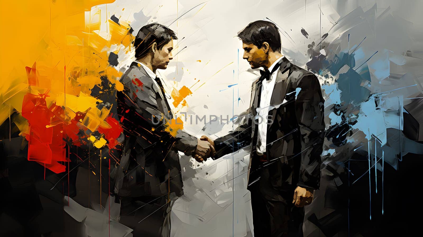 Abstract digital painting of two businessmen shaking hands, representing partnership and diversity - generative AI