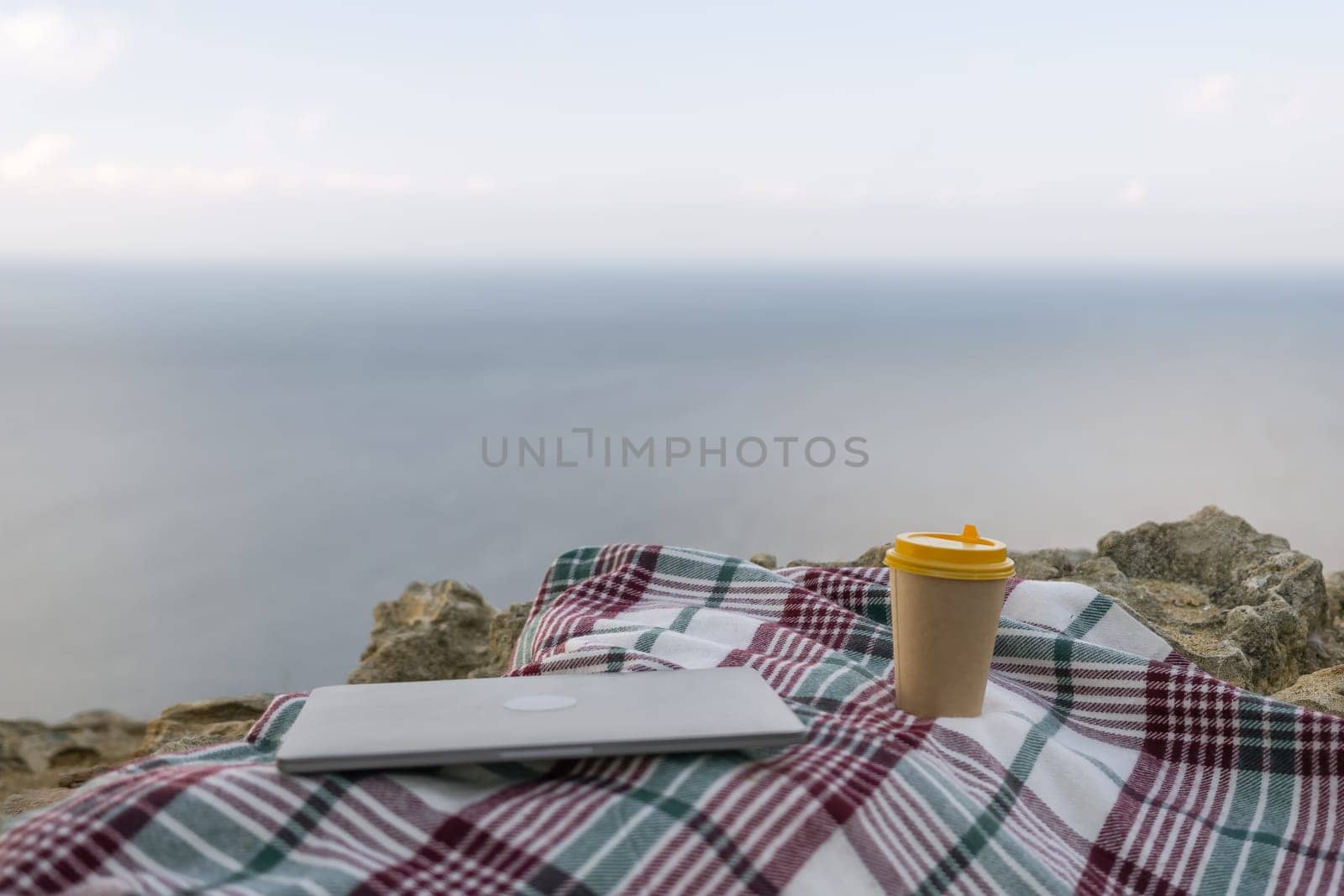 Laptop coffee on blanket with ocean view. Illustrating serene outdoor laptop use. Freelancer enjoying their time outdoors while working or browsing the internet