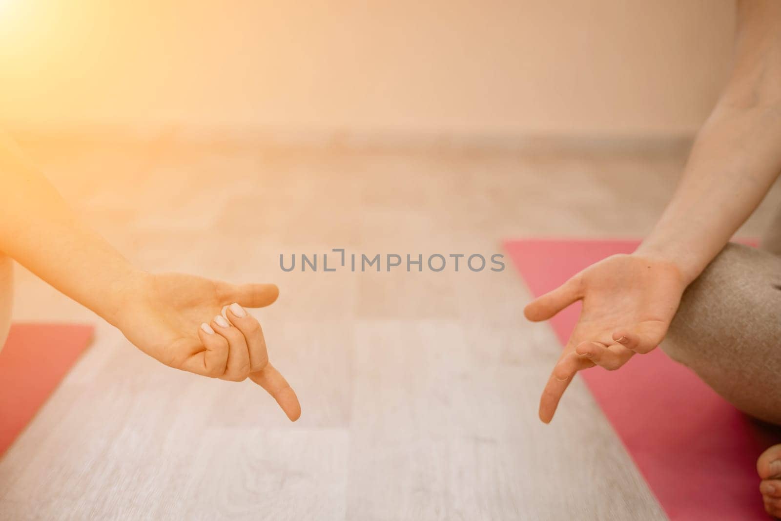 Two beautiful women do yoga, sports in the gym. The concept of grace and beauty of the body. by Matiunina