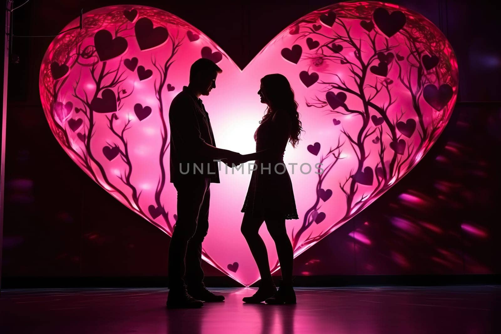 Silhouette of a couple in love against the background of a big heart.