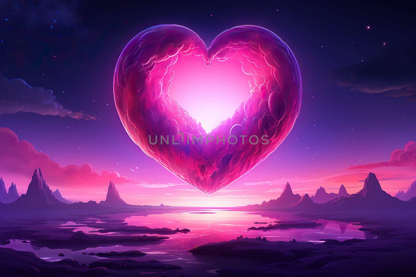 Huge pink heart in the night sky. Romantic illustration. Generated by artificial intelligence by Vovmar