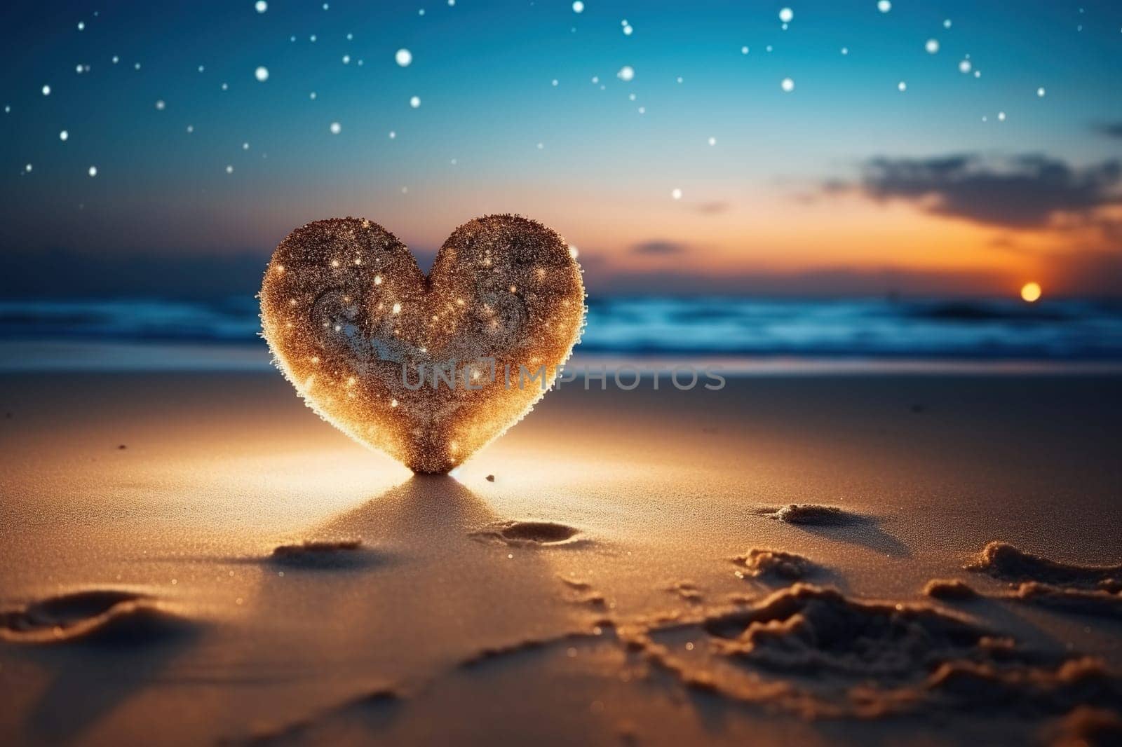 Heart on the sand on a blurred sea background, bokeh.