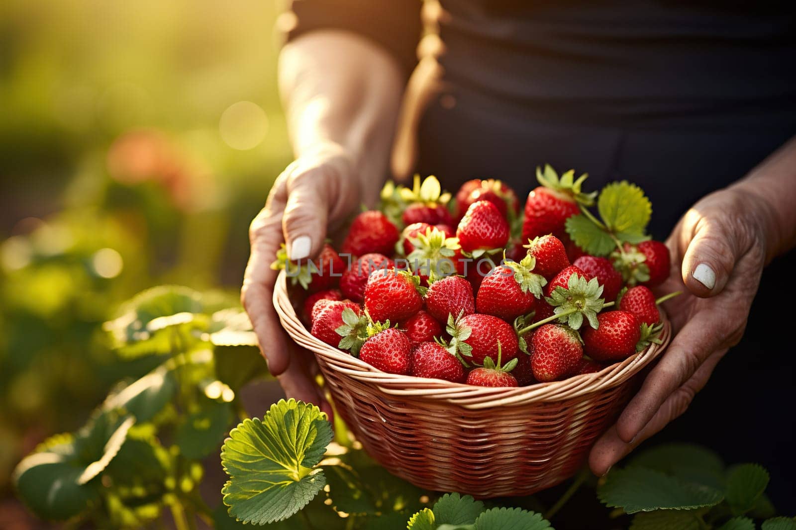 Hands holding a container with strawberries against the background of a green plantation.