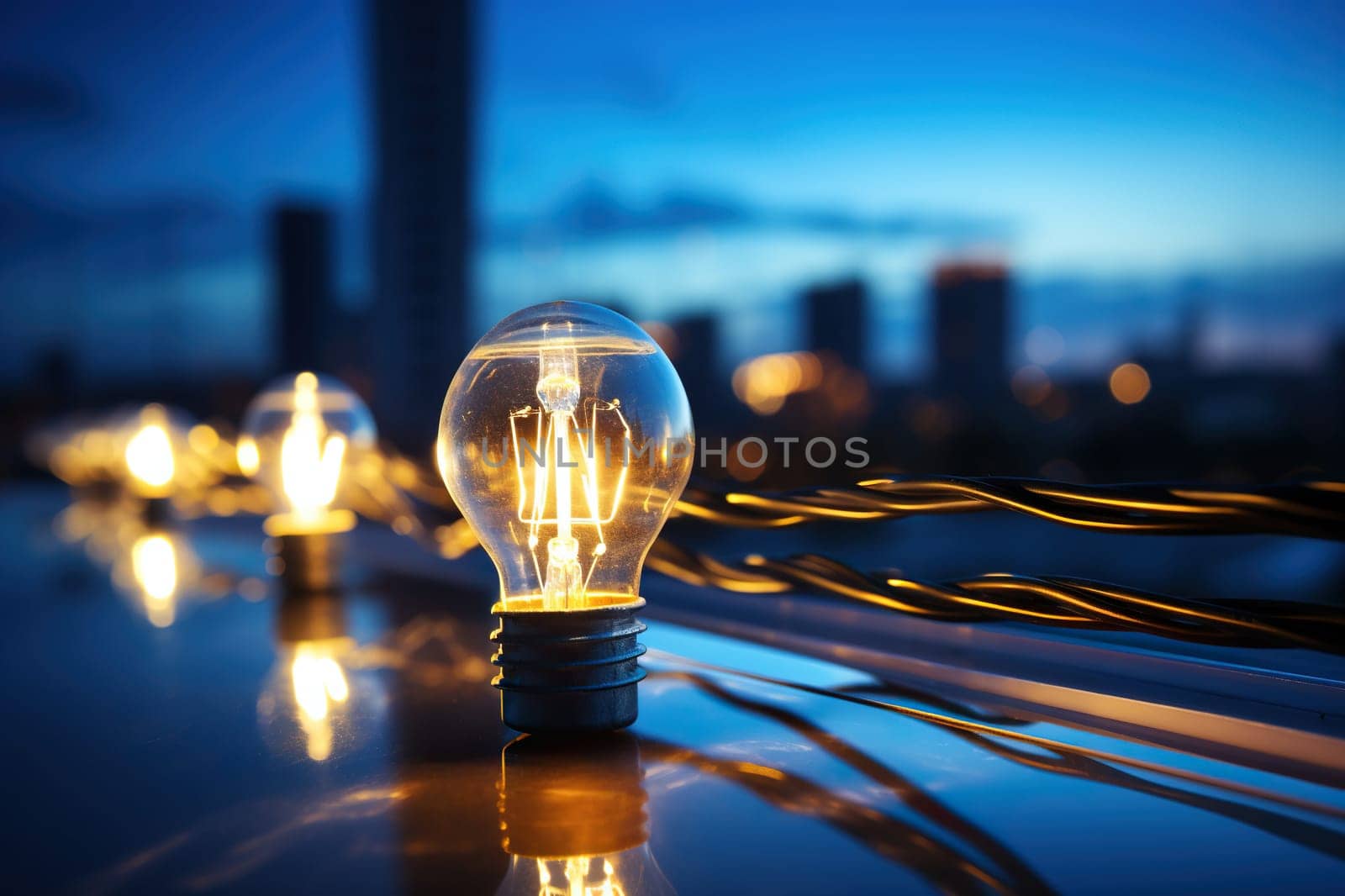 Light bulb against the backdrop of a blurred city in the evening. Electric energy concept.