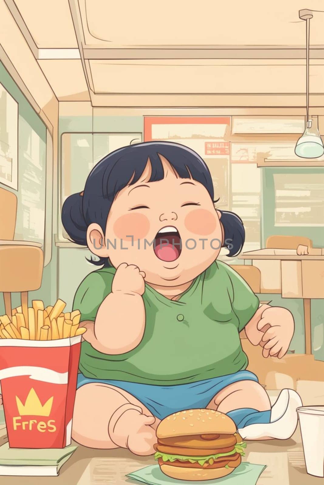 obese boy girl eating fast food , hamburger, french fries - unhealthy eating concept illustration generative ai art