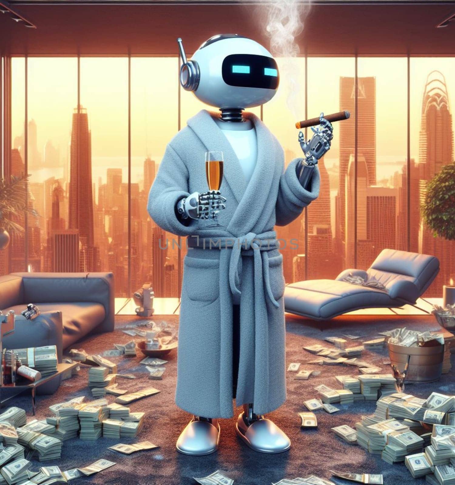 ich funny robot smoking cigar drink champagne surround by stack cash money in a suite with a view ai generated