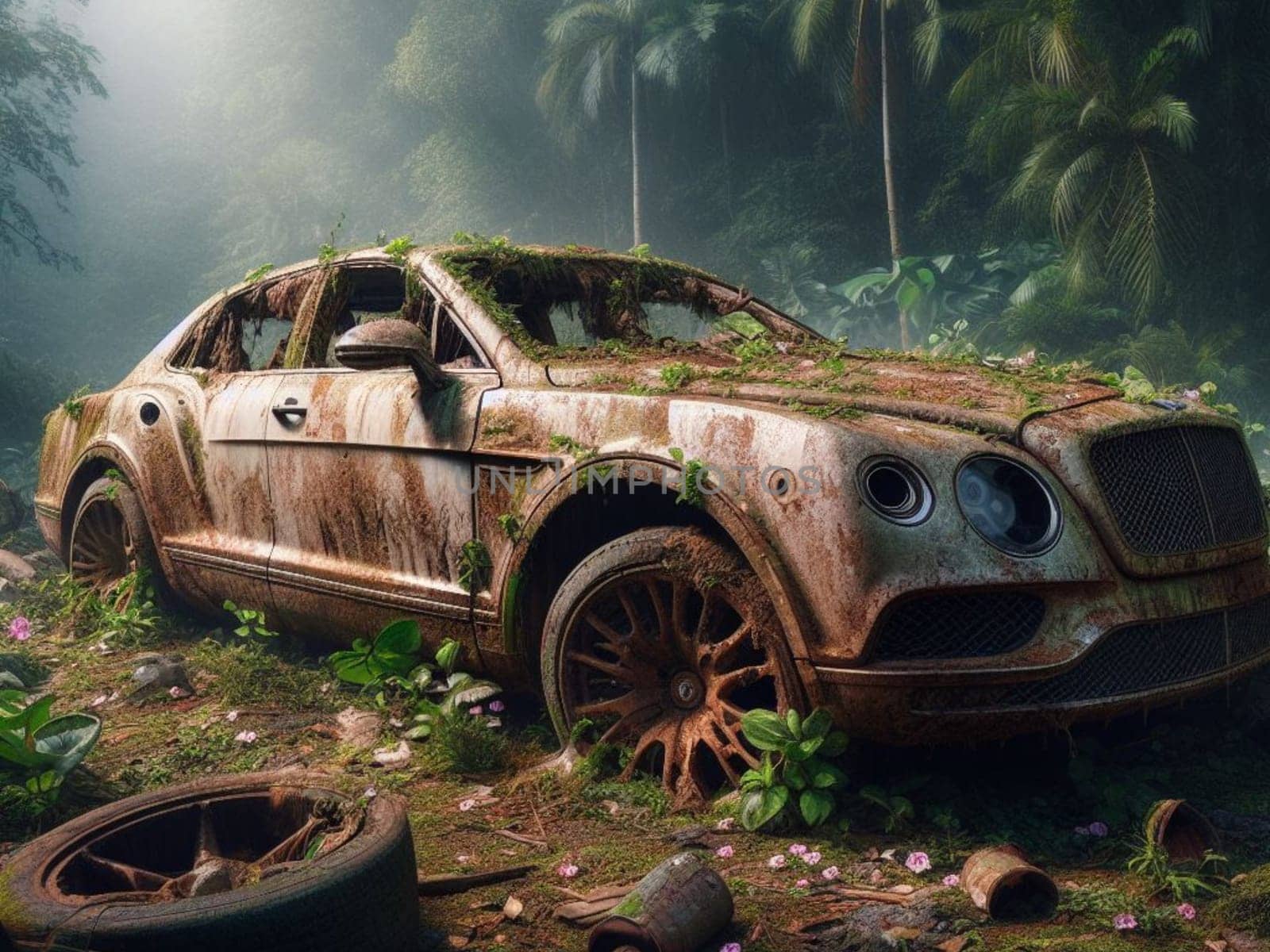 Abandoned rusty petrol luxury sedan car banned for co2 emission agenda, growth plants bloom flowers by verbano