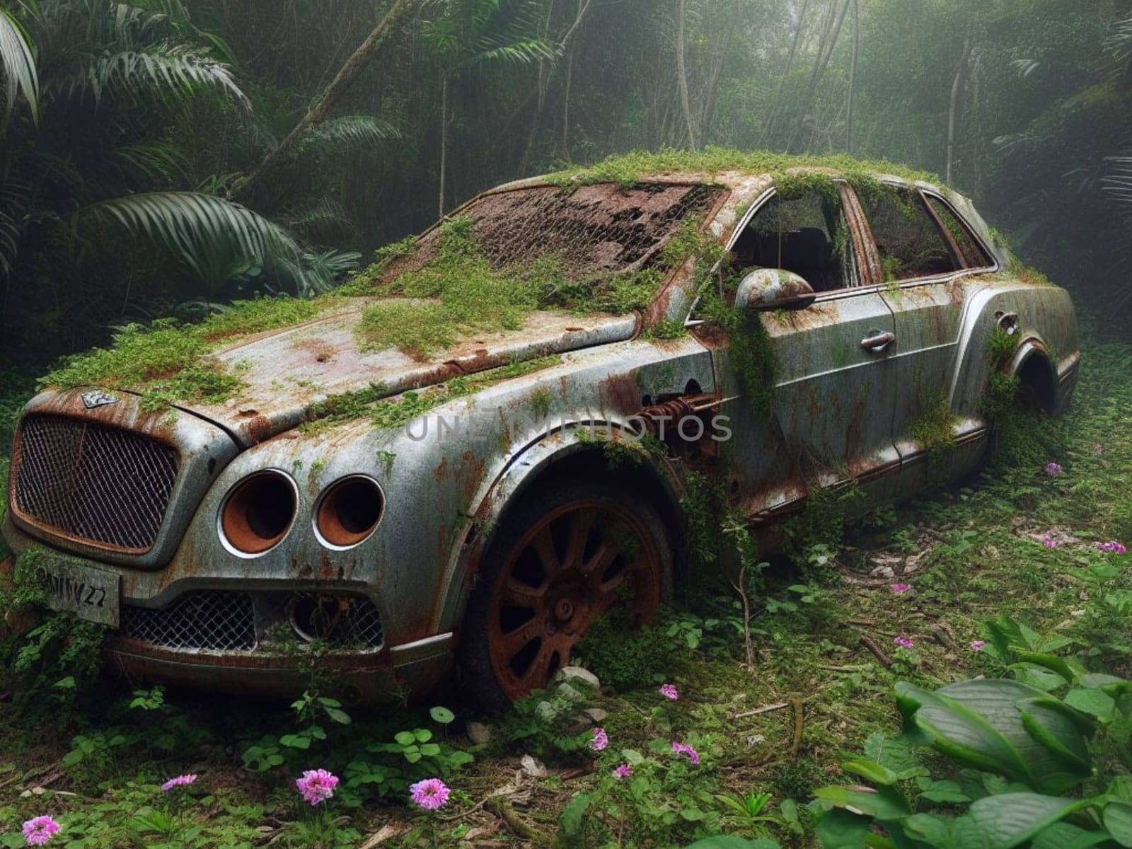 Abandoned rusty petrol luxury sedan car banned for co2 emission agenda, growth plants bloom flowers by verbano