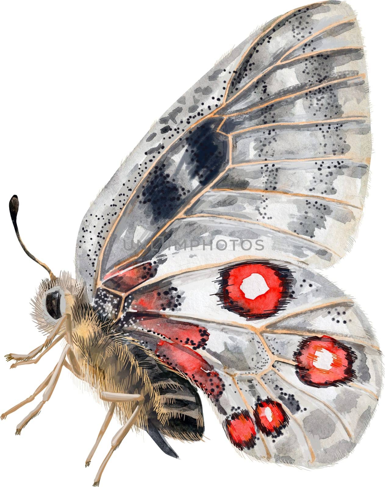 Apollo butterfly living in mountainous areas, isolated on white background. Watercolor illustration