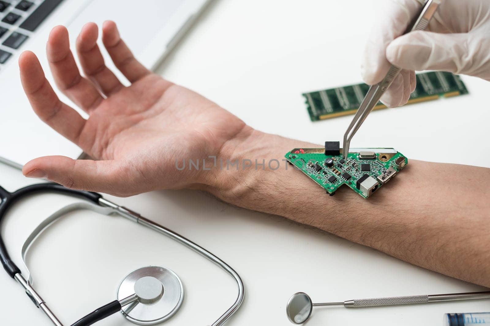 The man shows his hand with a chip implanted. The concept of chipping and implantation of electronic technologies into the human body. Cybernetics and the nanofuture. High quality photo