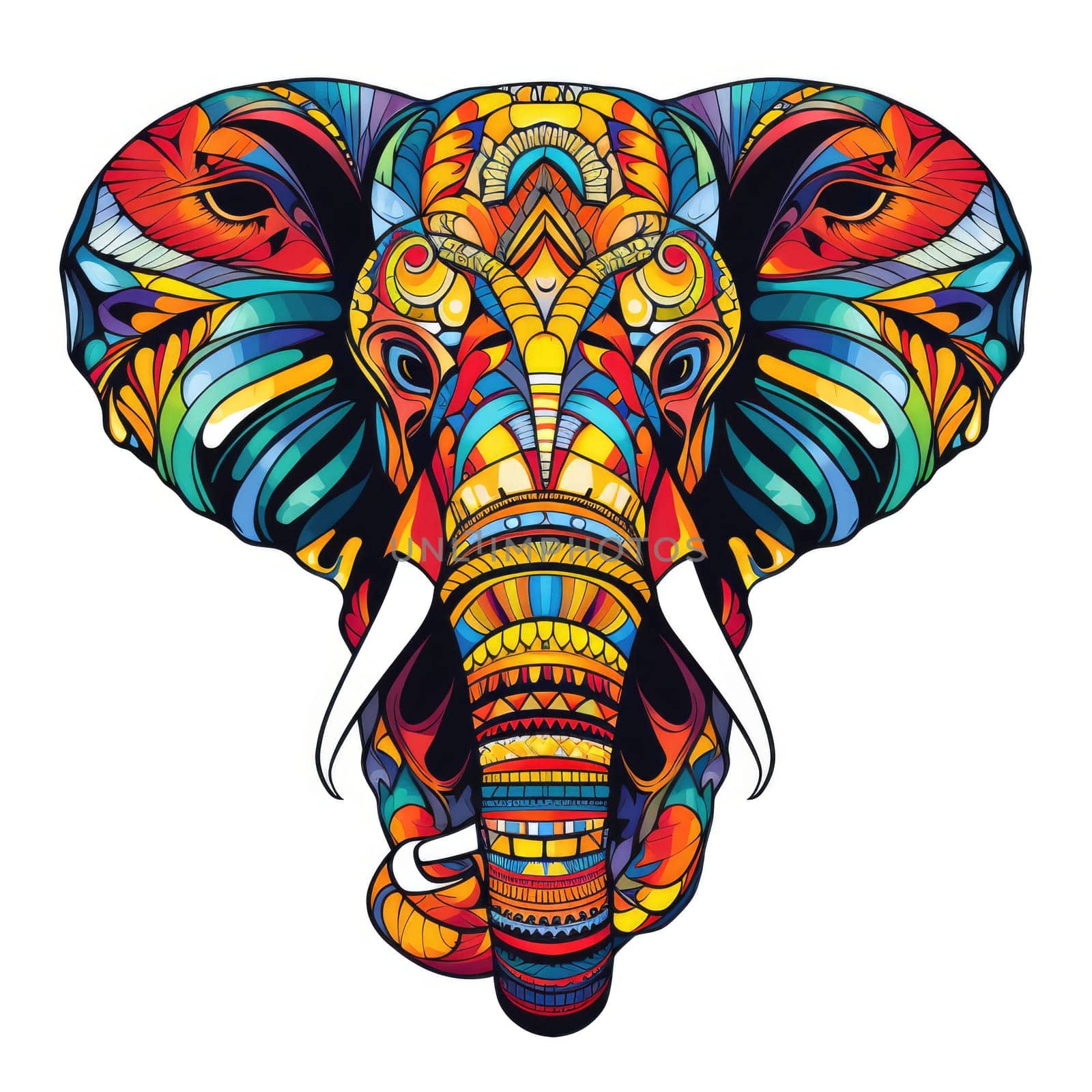 Elephant in bright colourful psychedelic pop art style isolated on white background. Template for t-shirt print, sticker, design element etc.