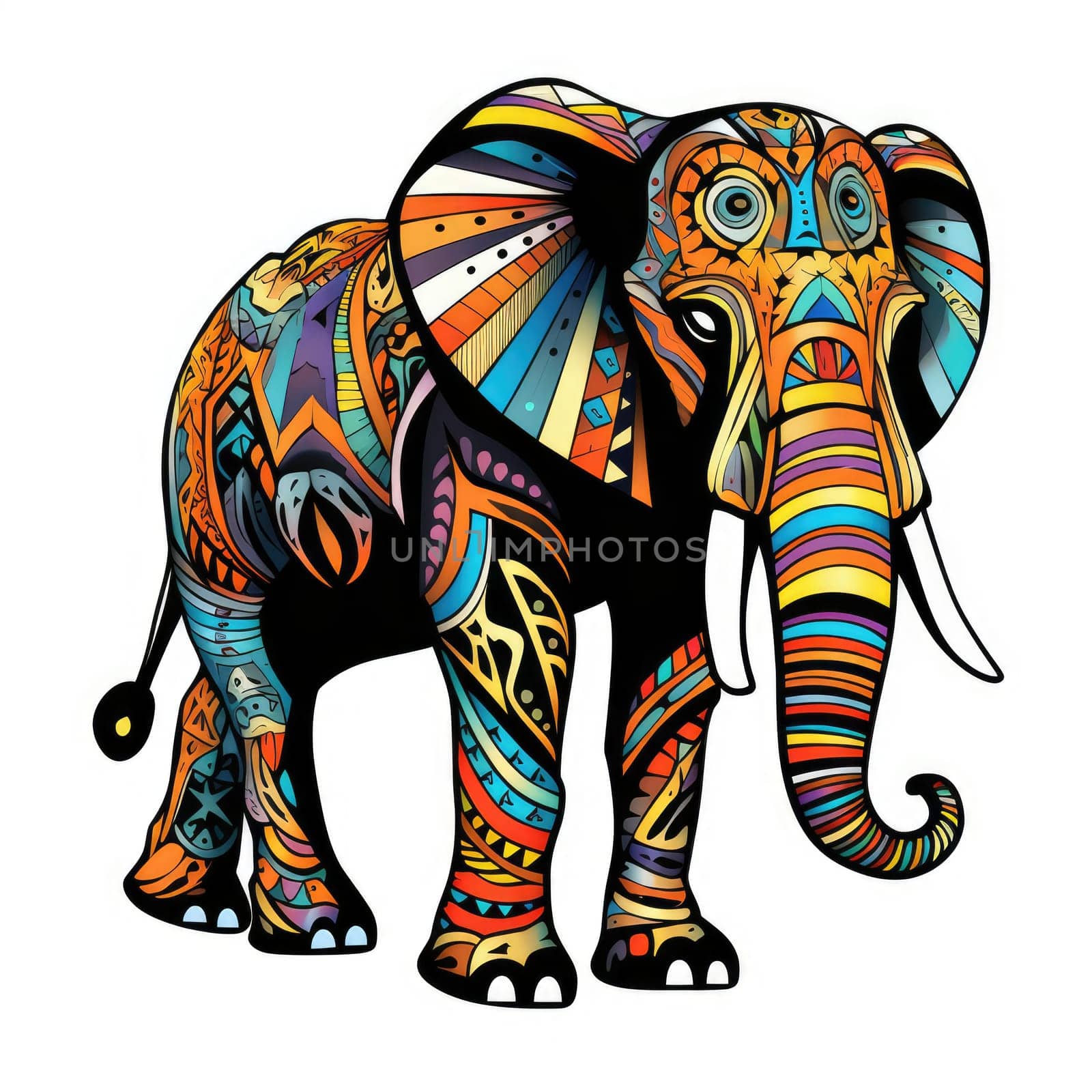 Elephant in bright colourful psychedelic pop art style isolated on white background. Template for t-shirt print, sticker, design element etc.