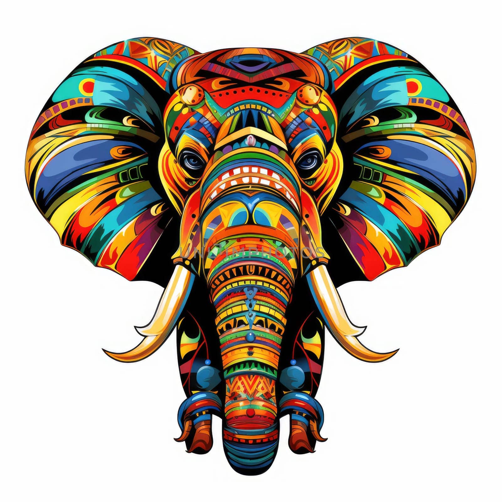 Elephant in bright colourful psychedelic pop art style isolated on white background. Template for t-shirt print, sticker, design element etc.