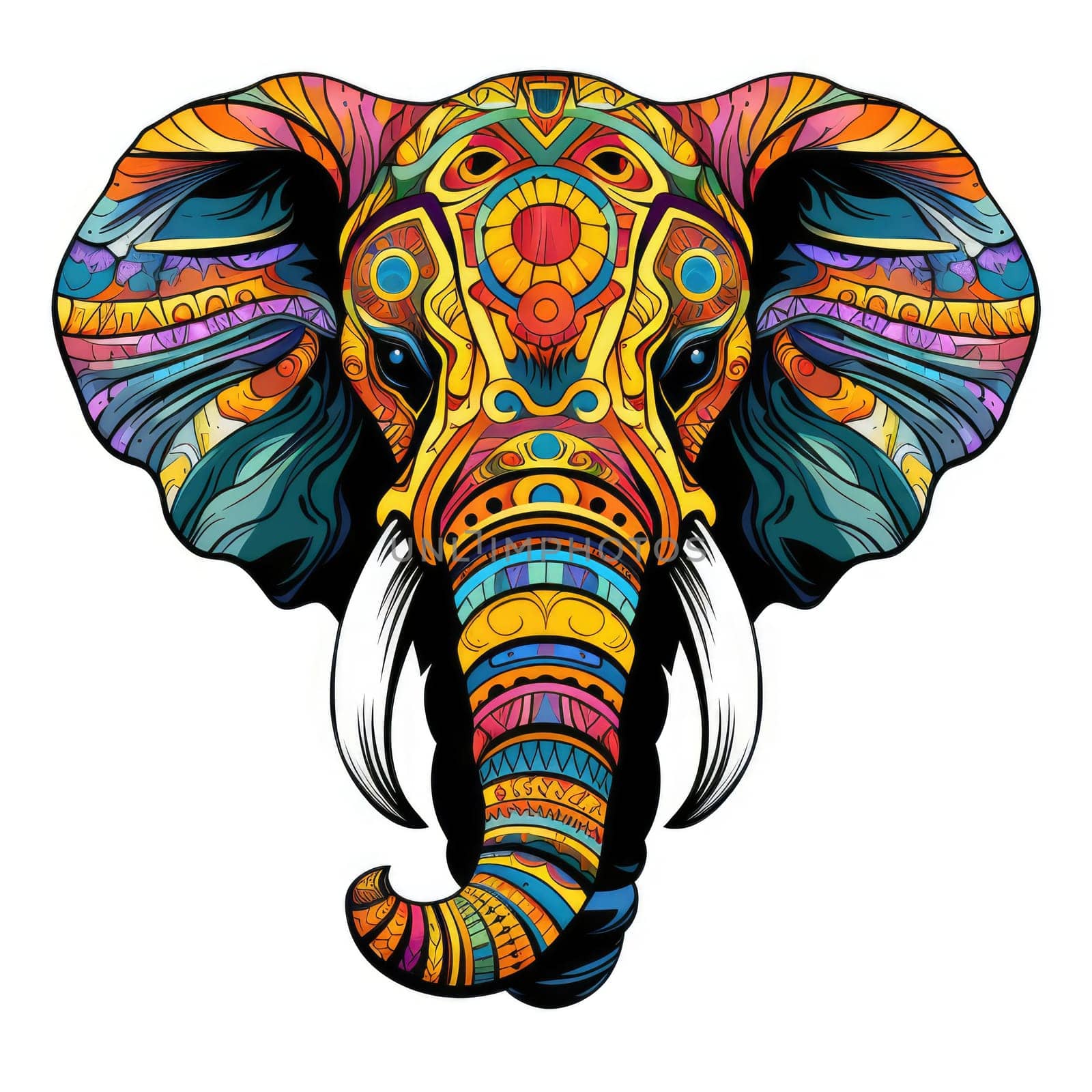Elephant in bright colourful psychedelic pop art style isolated on white background. Template for t-shirt print, sticker, design element etc.