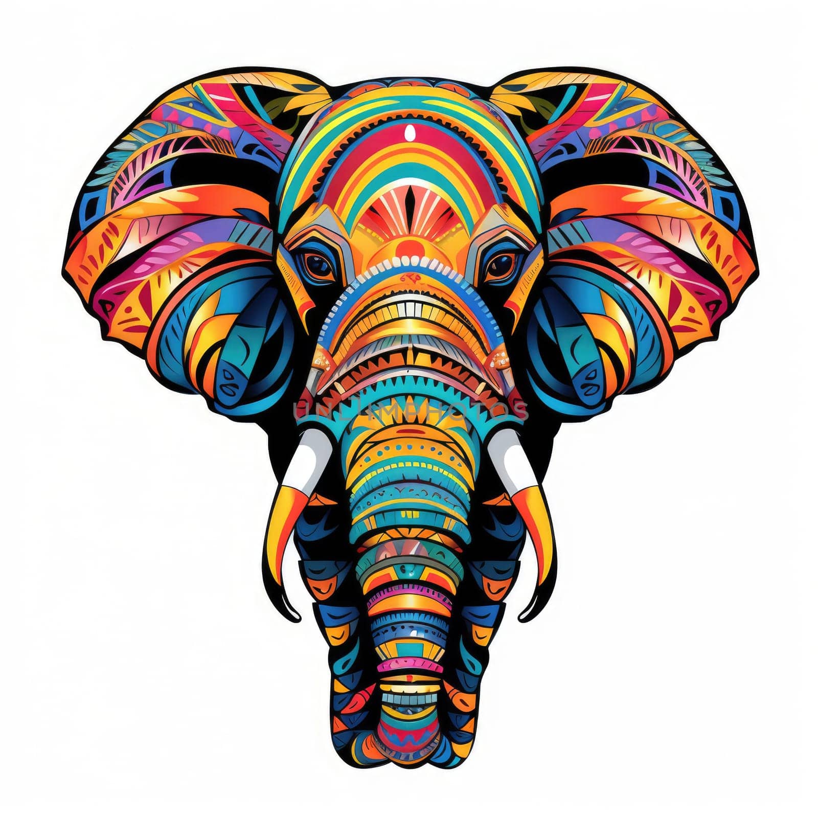 Elephant in bright colourful psychedelic pop art style isolated on white background. Template for t-shirt print, sticker, design element etc.