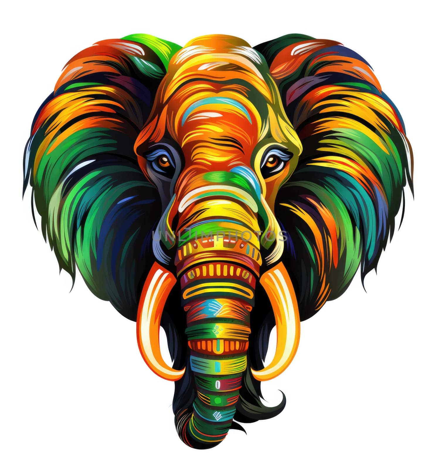 Mammoth in bright colourful psychedelic pop art style isolated on white background Template for t-shirt print, sticker, design element etc.