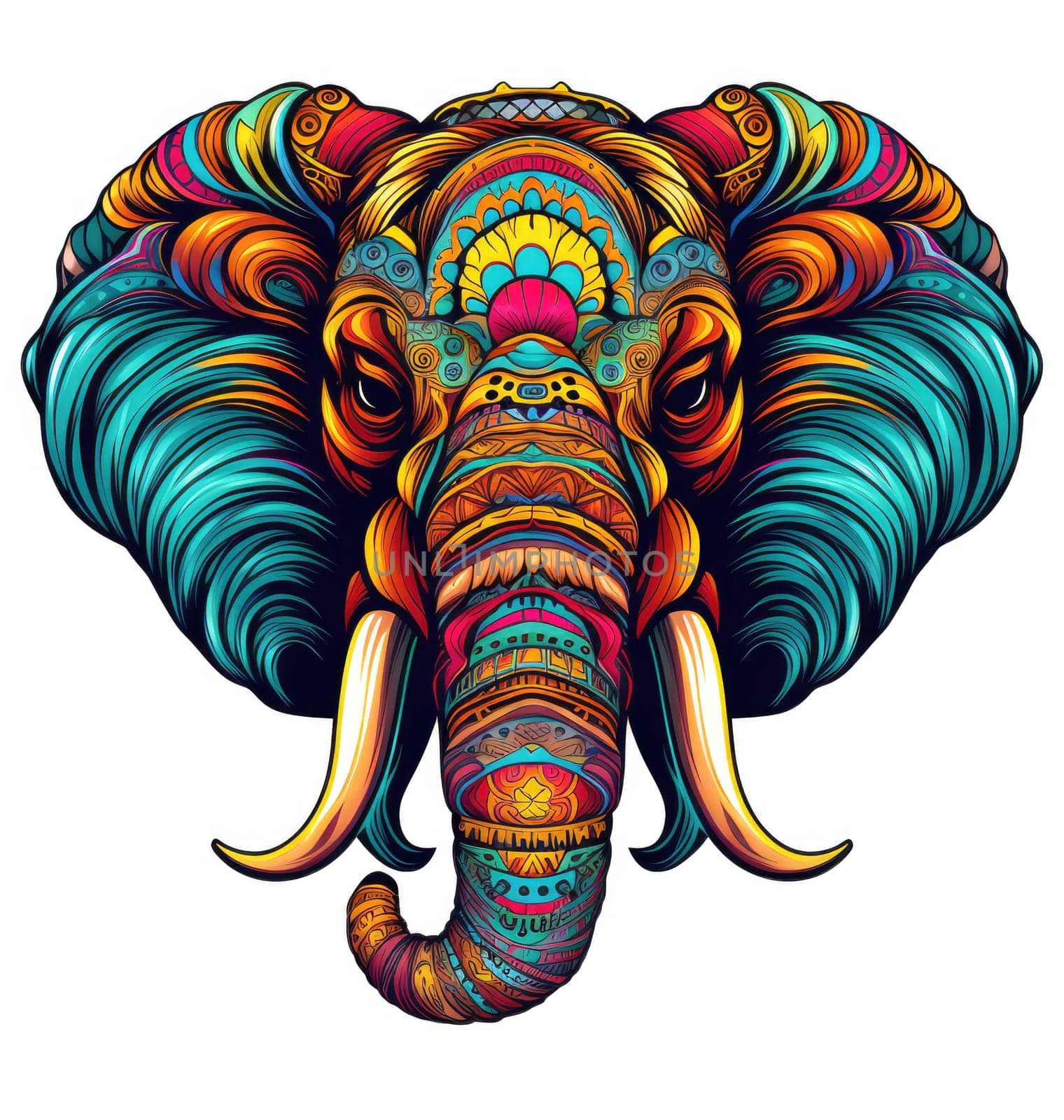 Mammoth in bright colourful psychedelic pop art style isolated on white background Template for t-shirt print, sticker, design element etc.