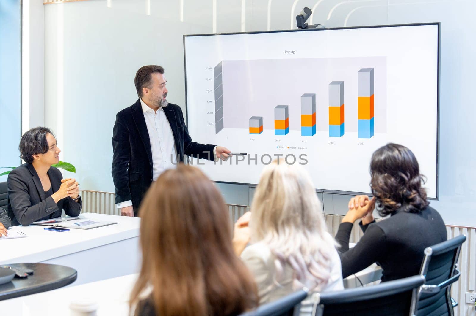 Side view of business manager stand in front of conference room to present about graph to show the data for colleagues in the company.