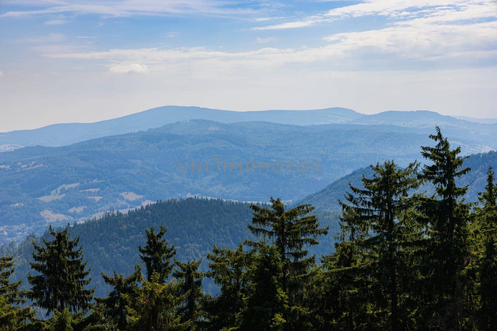 Beautiful green and blue panorama of layers of mountains and trees and some fields seen from top of viewing tower at highest mountain in this area by Wierzchu