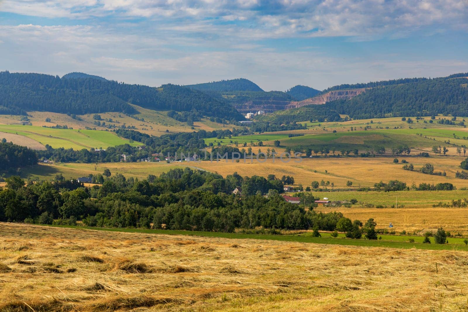 Beautiful landscape of glades and clearing full of fields and trees between it at mountains at sunny cloudy day