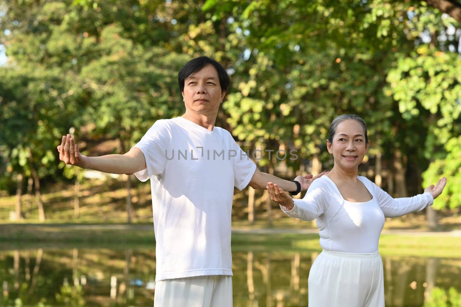 Active middle age couple in white clothing working out with Tai Chi in the park. Health care and wellbeing concept
