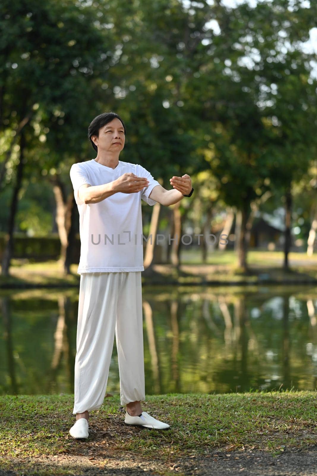 Full length active middle age man practicing Tai Chi in the morning. Health care and wellbeing concept