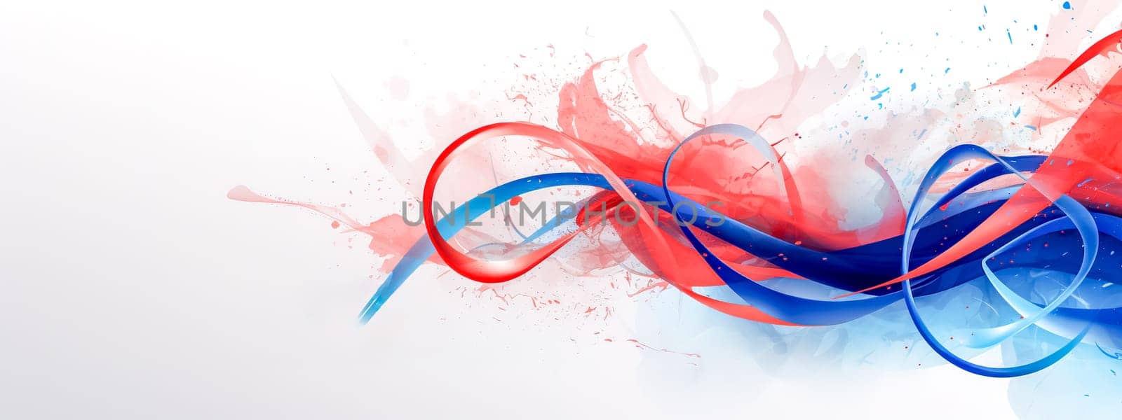 concept for the Olympic Games, with flowing ribbons in blue and red, possibly symbolizing the colors of the French flag, against a white backdrop with splashes of paint. banner with copy space