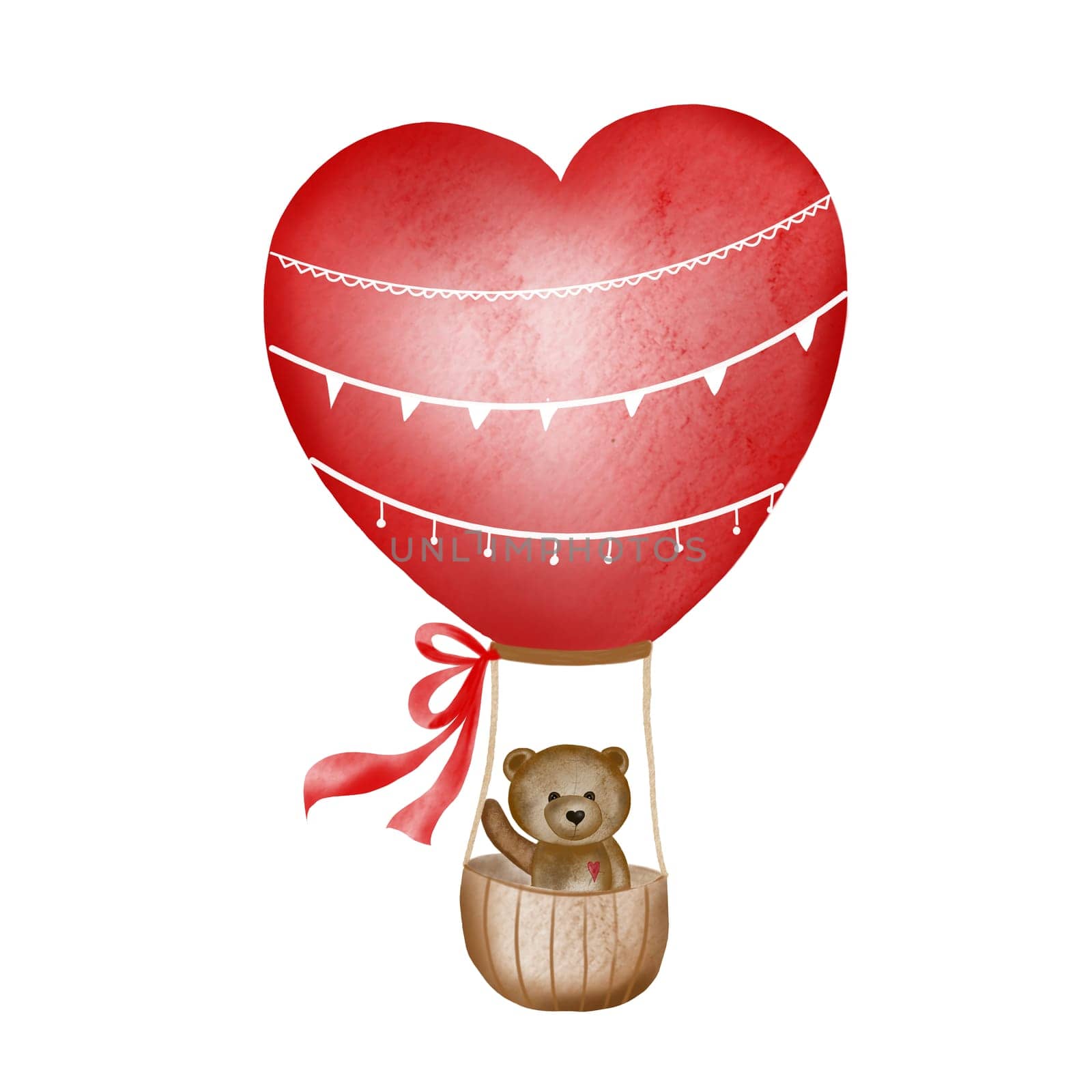 Watercolor drawing of a cute bear in a heart-shaped air balloon. Nice isolate on a white background for printing on valentine's day cards and invitations. Valentine's card. High quality illustration