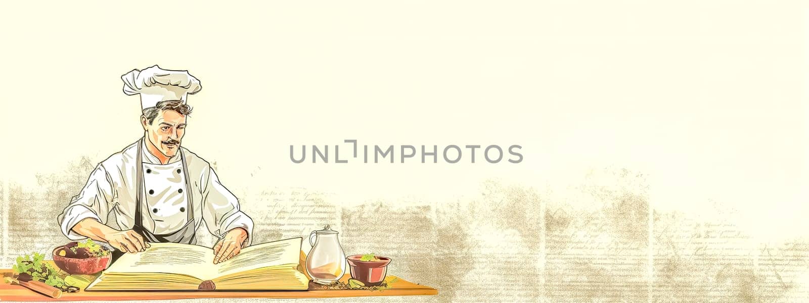 chef intently reading a giant recipe book, with cooking ingredients and utensils on the table, set against a warm-toned, textured background, suggesting a cozy culinary environment, banner copy space