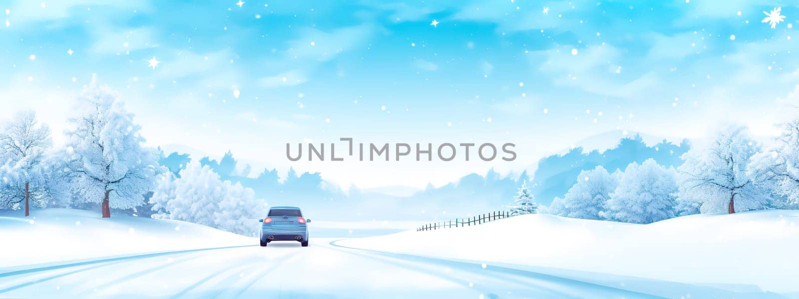 serene winter landscape with a single car traveling on a snow-covered road flanked by frosty trees under a soft blue sky, offering ample copy space banner