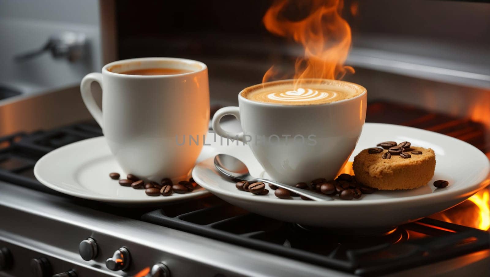 A cup of cappuccino coffee, glamor shot, photo shoot, closeup