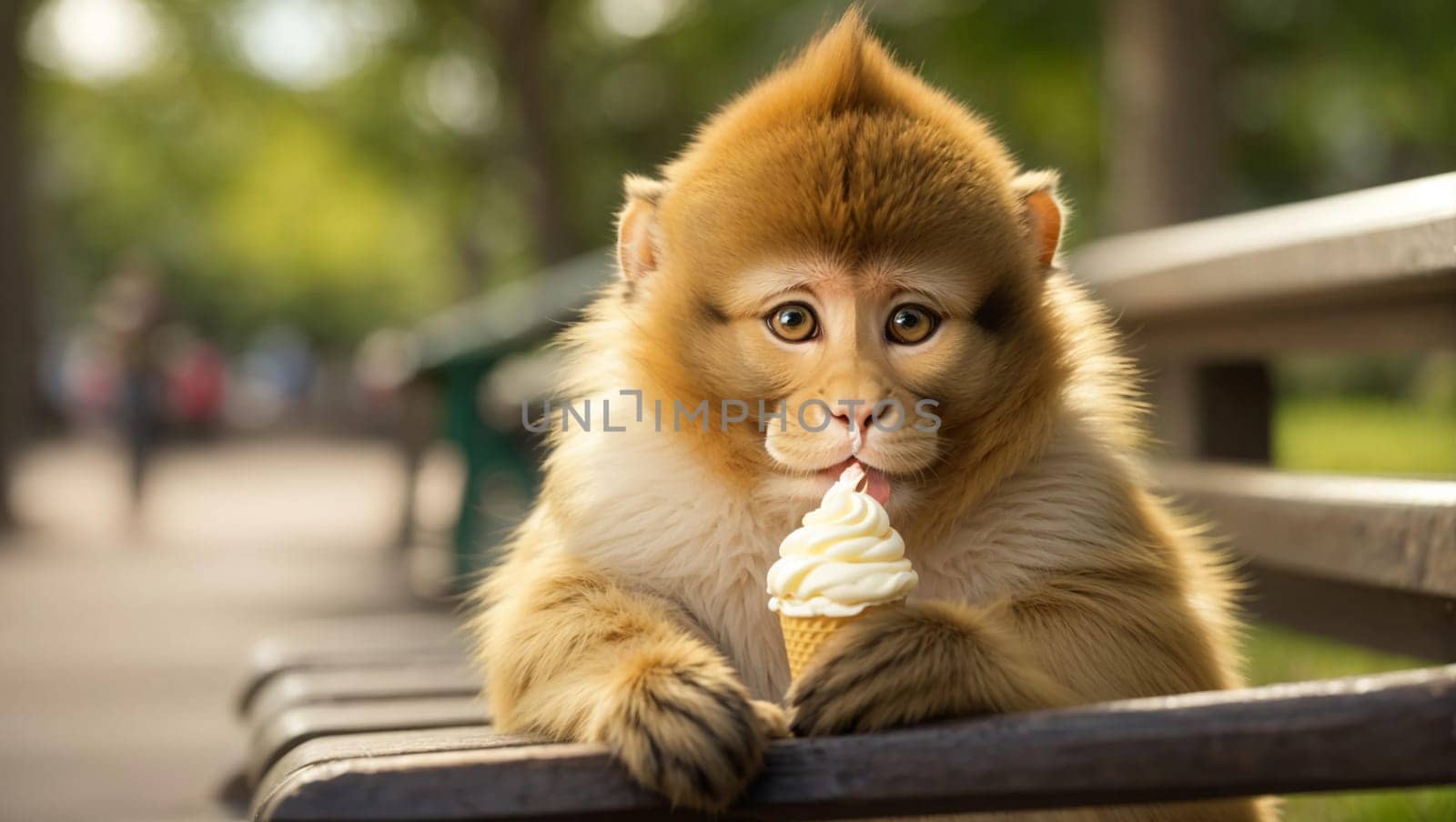 A smiling little monkey holding a yellow and white ice cream cone sits on a bench against a green park backdrop