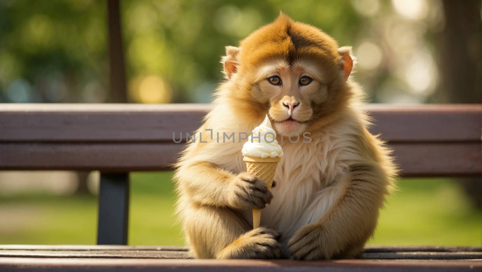 A little monkey with an ice cream cone sits on a bench by Севостьянов